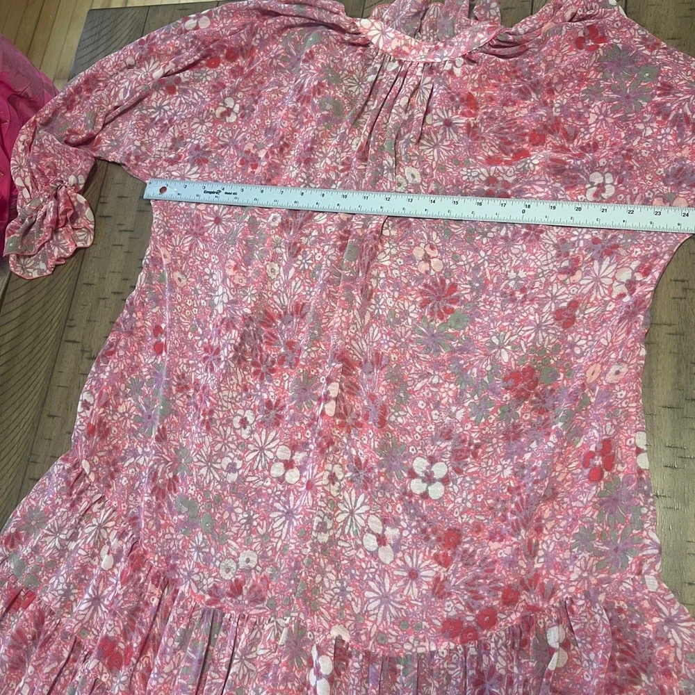 Free People Women's Small Dress Pink Floral Tiered Ruffle Boho Long Sleeve Midi